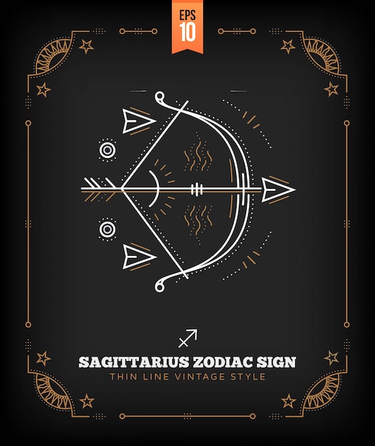 Premium Vector | Vintage thin line sagittarius zodiac sign label. retro ...