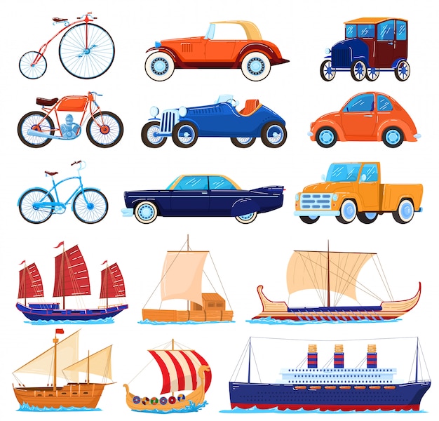 ヴィンテージ輸送イラスト レトロなアメリカのスポーツカー 古い自転車 海のボートや船の古典的なセットを輸送する漫画 プレミアムベクター