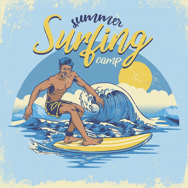 Vintage txtured hand drawing surfing | Premium Vector