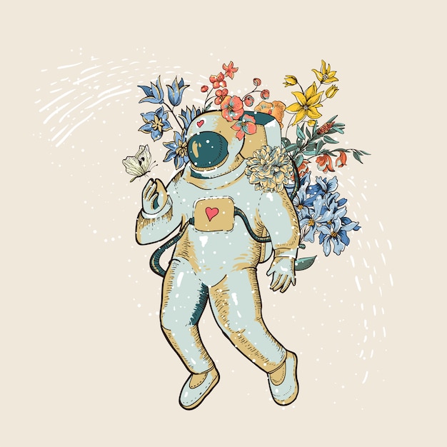 花を持つビンテージベクトル宇宙飛行士イラスト Sf 手描きスペース プレミアムベクター