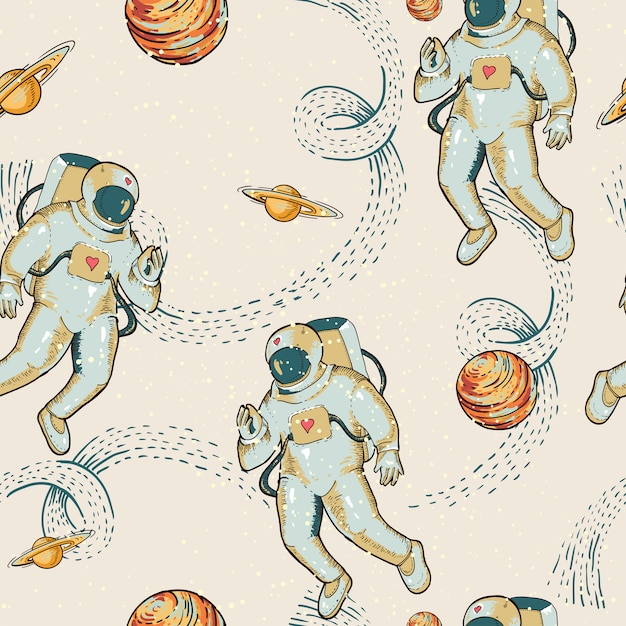 スペースのシームレスなパターン 惑星 星のビンテージベクトル宇宙飛行士 サイエンスフィクション 手描きの壁紙 プレミアムベクター