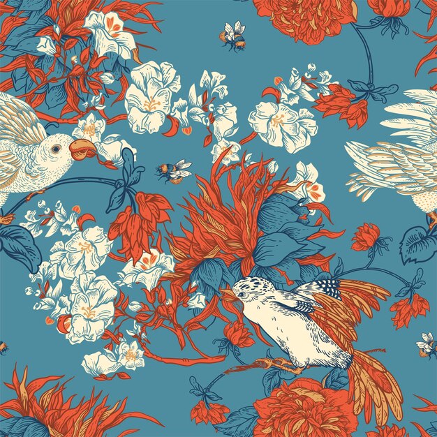 花のシームレスなパターンを持つヴィンテージベクトル鳥 自然な花のイラスト 花の咲くテクスチャ 摂政時代のコア植物の背景 プレミアムベクター 花のシームレスなパターンを持つヴィンテージベクトル鳥 自然な花のイラスト 花の咲くテクスチャ 摂政時代のコア植物の背景 プレミアムベクター
