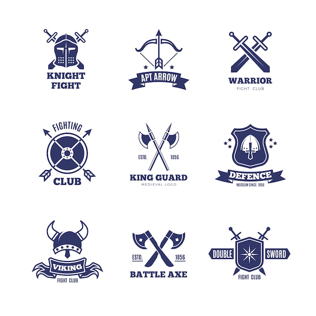 ビンテージ戦士の刀と盾のロゴ 騎士ベクトルバッジ 紋章付き外衣のロゴ プレミアムベクター
