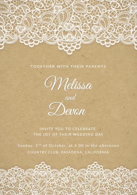 Vintage Wedding Invitation With Lace Free Vector