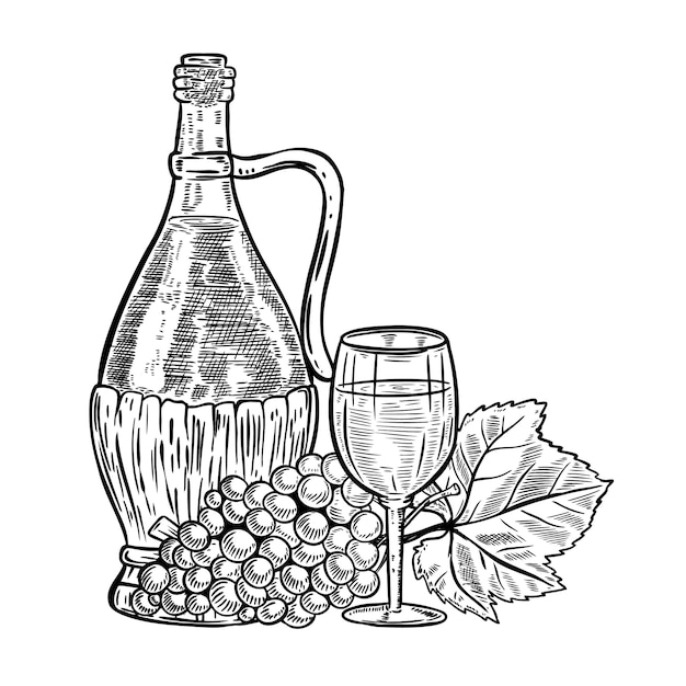 Download Vintage wine bottle with grapes and wine glass. elements ...