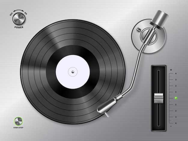 Free Vector Vinyl Record Disc Playing On Turntable Player Closeup Top View Realistic Black White Retro Image