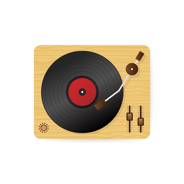 Vinyl record player illustration, flat cartoon retro vintage turntable