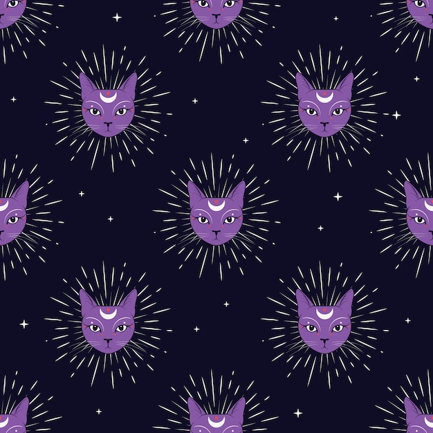 Violet cat face with moon on night sky seamless pattern background. Premium Vector