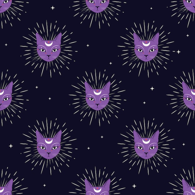 夜空に月とバイオレットの猫の顔シームレスなパターンの背景 プレミアムベクター