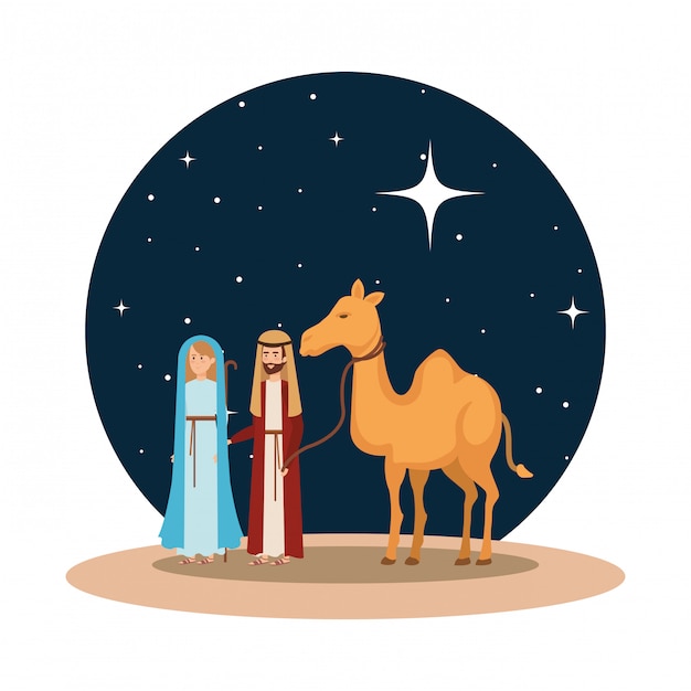Premium Vector | Virgin mary and saint joseph with camel