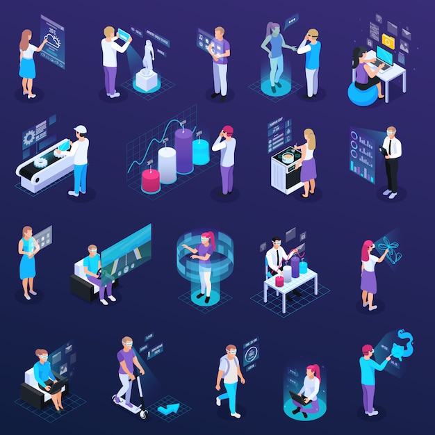 Virtual augmented reality 360 degree isometric icons set of isolated ...