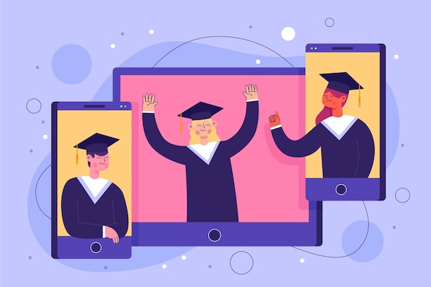 Download Virtual graduation ceremony illustration with graduates | Free Vector