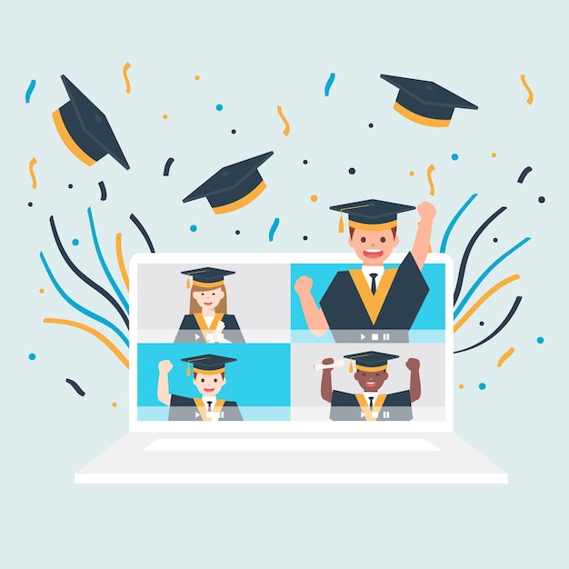 Download Virtual graduation ceremony with classmates | Free Vector