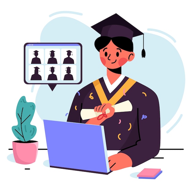 Download Virtual graduation ceremony with college graduate | Free Vector