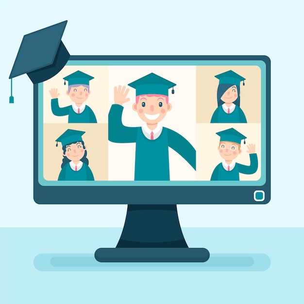 Download Virtual graduation ceremony with computer | Free Vector