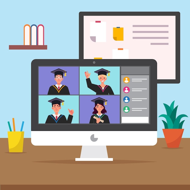 Download Virtual graduation ceremony with computer | Free Vector