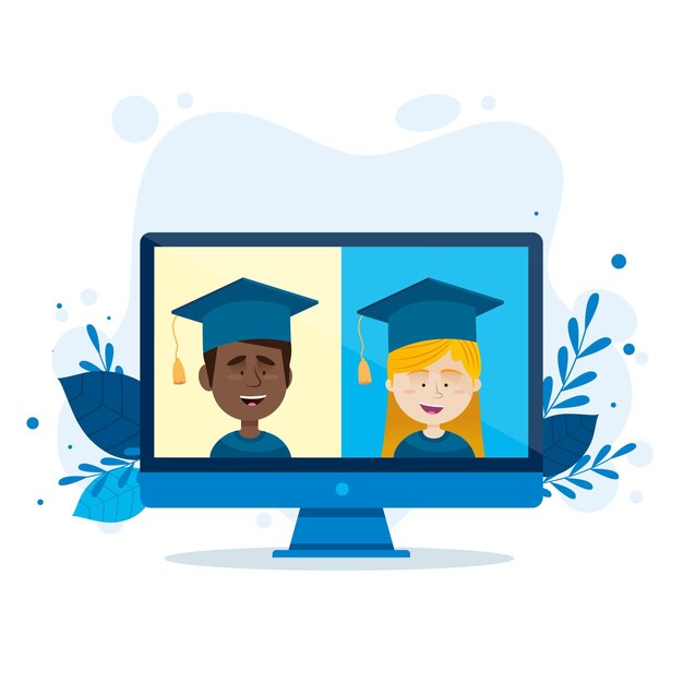 Download Virtual graduation ceremony with computer | Free Vector