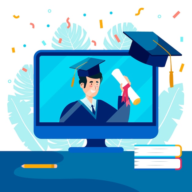 Download Virtual graduation ceremony with confetti and computer ...