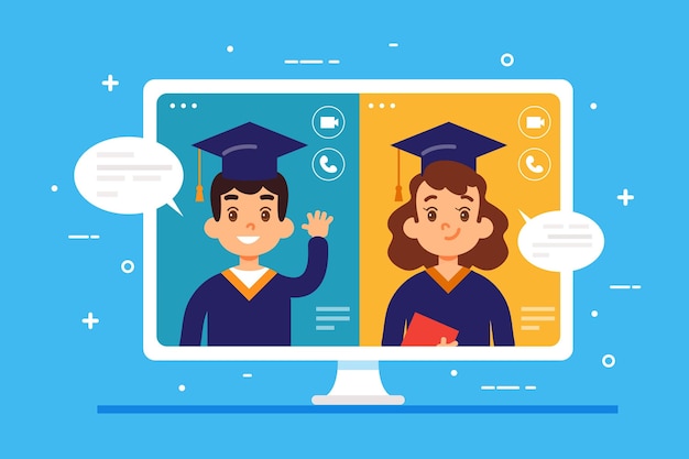 Download Virtual graduation ceremony with graduates | Free Vector