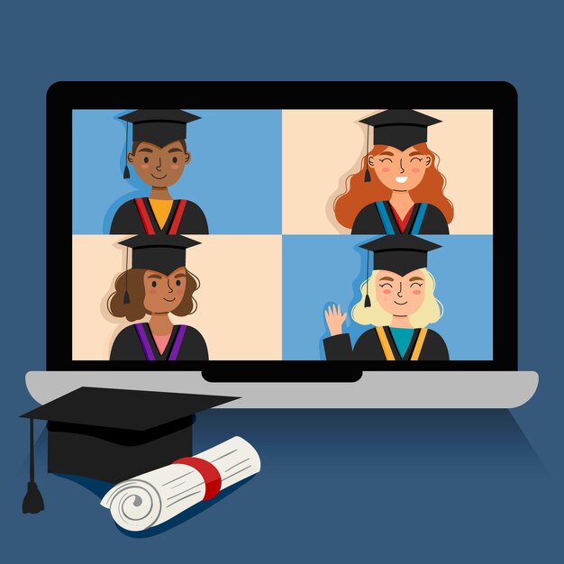 Download Virtual graduation ceremony with laptop | Free Vector