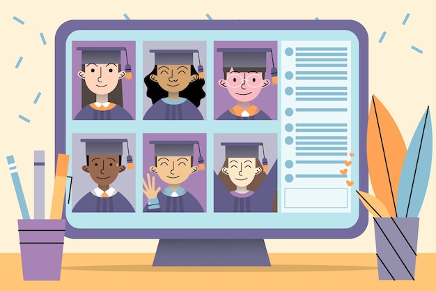 Download Virtual graduation ceremony with students and computer | Free Vector