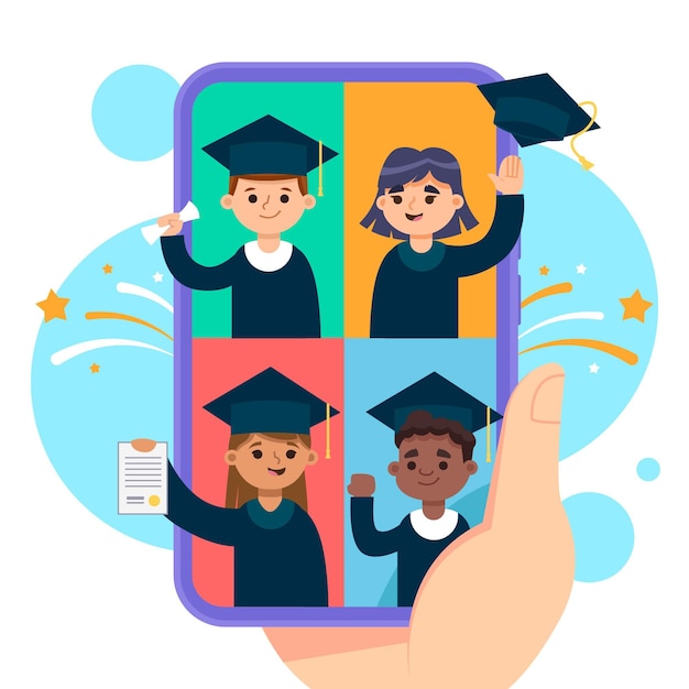 Download Virtual graduation ceremony with students in robes | Free Vector