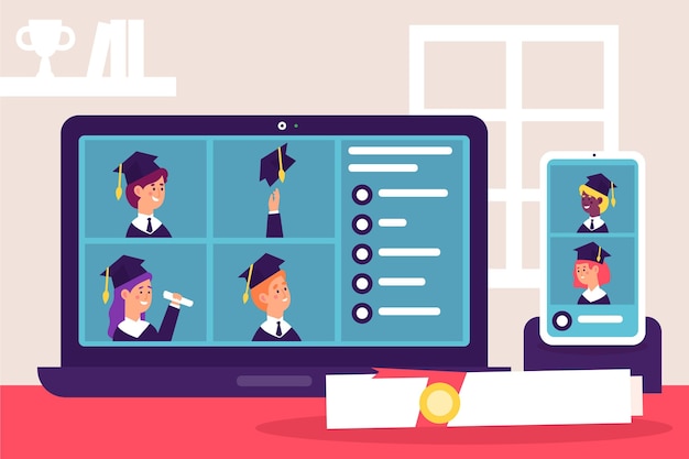 Download Virtual graduation ceremony with students | Free Vector