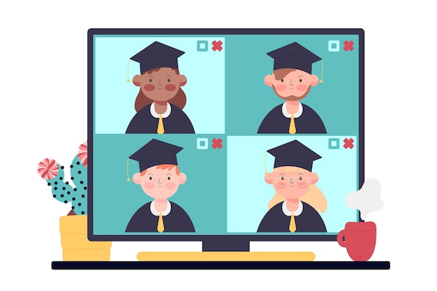 Download Virtual graduation ceremony with students | Free Vector