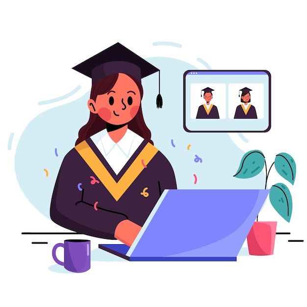 Download Virtual graduation ceremony with university graduate | Free Vector