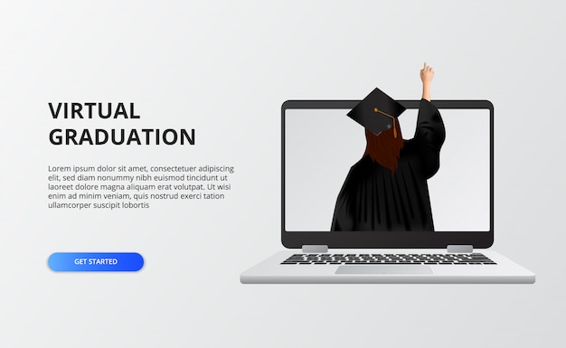 Download Virtual graduation for quarantine time at covid-19. woman use gown and graduation cap for ...