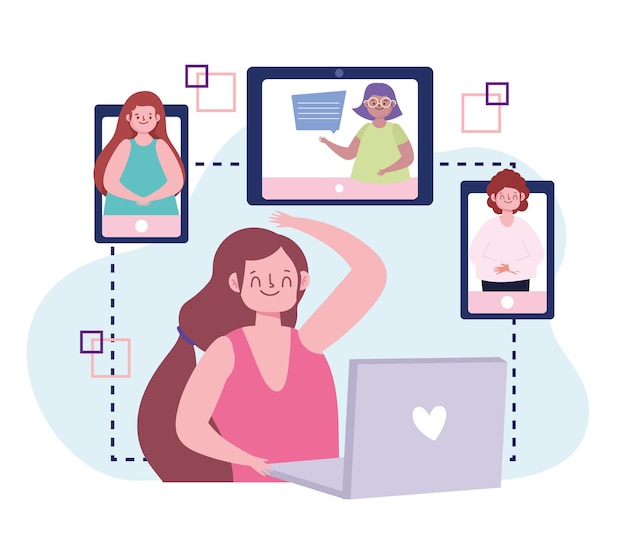 Premium Vector | Virtual party, people connected by devices, meeting ...