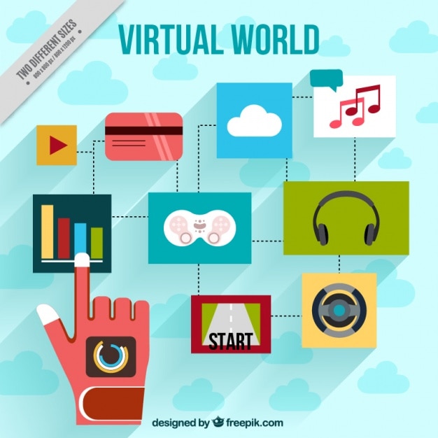  Virtual  world  background  with hand and colorful icons 