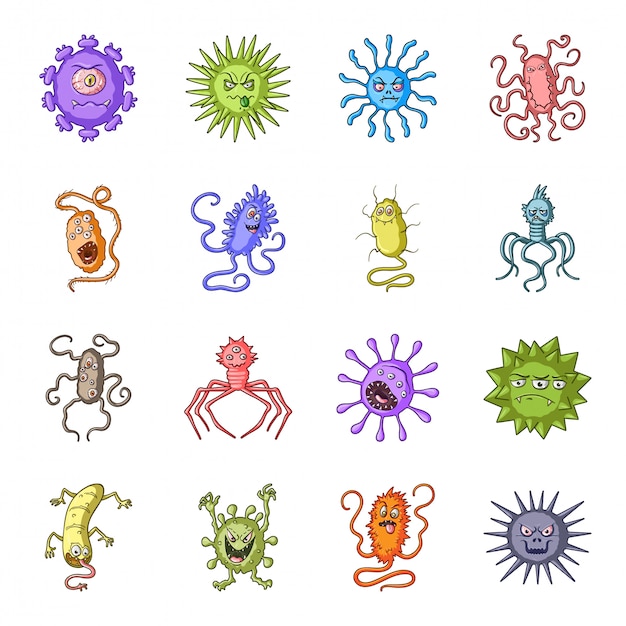 ウイルスと細菌の漫画は アイコンを設定します 孤立した漫画セットアイコン微生物 イラストウイルスと細菌 プレミアムベクター