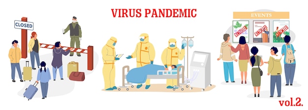 Virus epidemic illustration. coronavirus respiratory disease prevention. closed borders, icu room an
