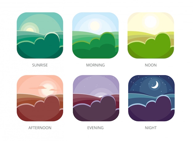 Premium Vector Visualization Of Various Timeday Morning Noon And Night Flat Style Sunrise And Afternoon Evening Landscape