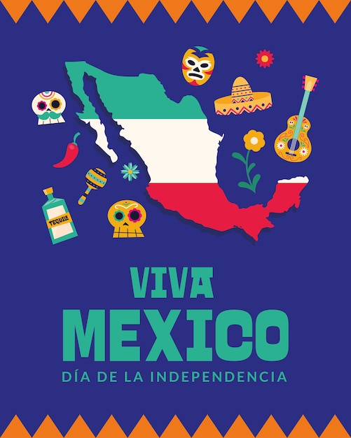 Viva Mexico Dia De La Independencia地図デザイン 文化テーマベクトルイラスト プレミアムベクター