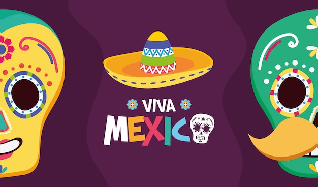 Мексиканские черепа и шляпа для viva mexico Бесплатные векторы
