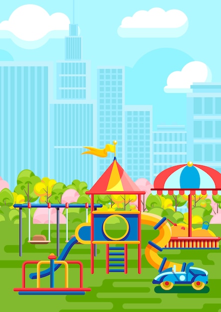 Vivid amusement playground in city Premium Vector