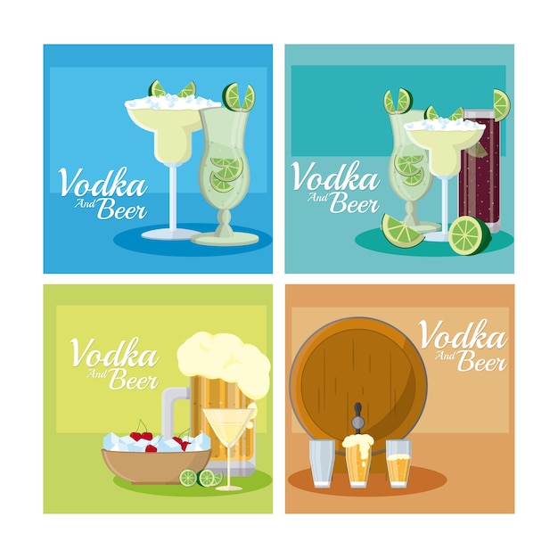 Vodka and beers square frames collection Premium Vector