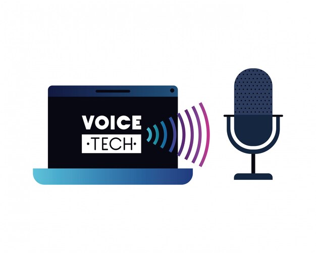 Voice tech label with laptop and voice assistant Premium Vector