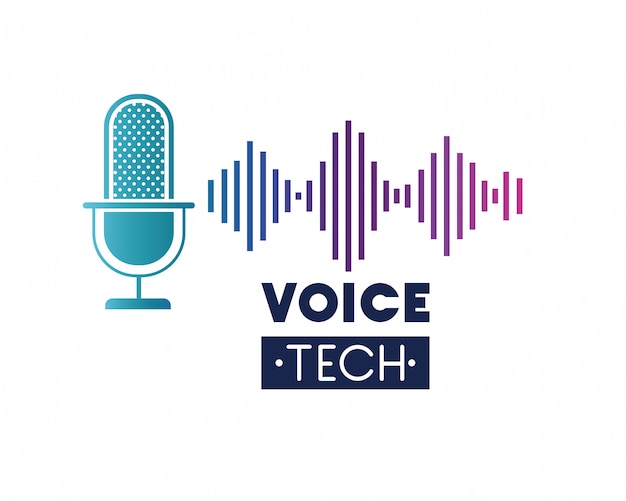 Voice tech label with microphone and sound wave | Premium Vector