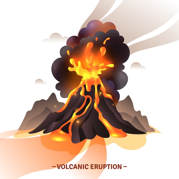 マグマの灰と火山の図から飛び出す煙から敬礼と火山噴火漫画組成 無料のベクター