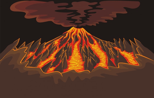 溶岩のある火山の背景 プレミアムベクター