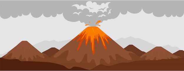 火山噴火フラットカラーイラスト プレミアムベクター