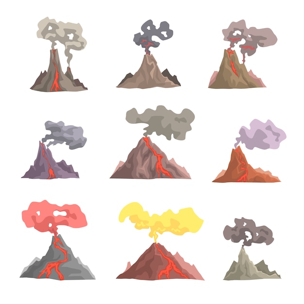 プレミアムベクター 火山噴火セット 噴火する火山マグマ 漫画イラストを流れる溶岩