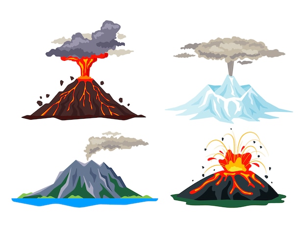 マグマ 煙 白い背景で隔離の灰で設定された火山の噴火 火山活動の熱い溶岩の噴火 睡眠と火山の噴火 フラット図 プレミアムベクター