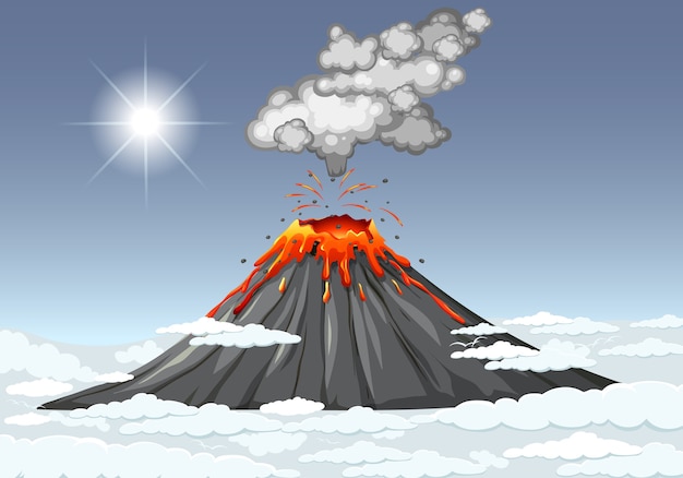 Free Vector | Volcano eruption in the sky with clouds scene at daytime