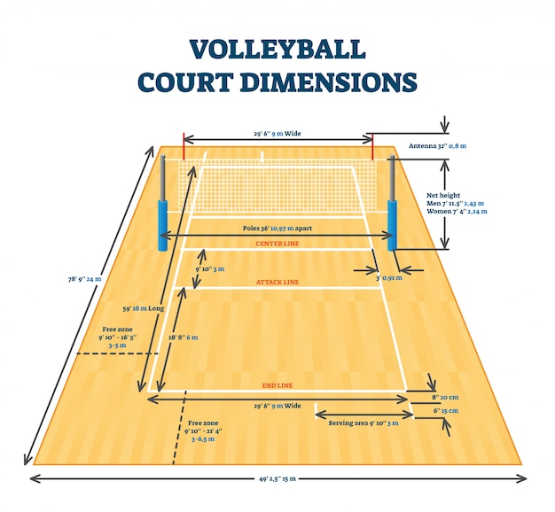Volleyball court dimensions size guide, illustration layout scheme