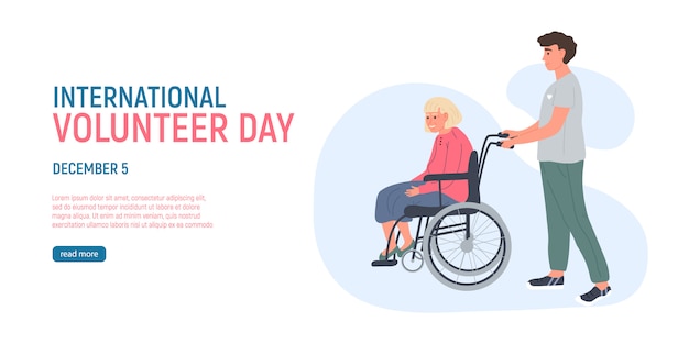 ボランティアの若い男性が車椅子で年上の白髪の女性を歩いています 12月5日 国際ボランティアデー 高齢者の世話をするソーシャルワーカー 高齢者の世話 プレミアムベクター