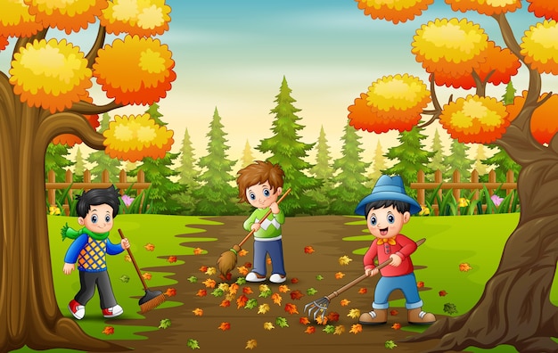 Premium Vector | The volunteers cleaning up autumn leaves in the park
